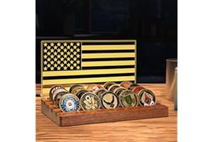 CoolGift Mart Challenge Coin Display, Light up Coin Holder American Flag with Warm White Color Light, 4 Row Holder Wooden Rack Gift for Military Army for Him Father, Military Coin Holder Display Case