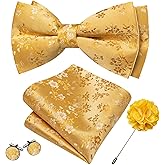 Barry.Wang Bow Ties for Men Floral Silk Pre-Tied Bowtie Pocket Square Cufflinks Set Formal Wedding Party Prom