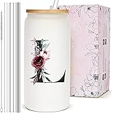 Custom Personalized Gifts for Women, Cute Monogram Glass Cups with Lids and Straws, Customized Initial Letter Drinking Iced Coffee Cup Mug Tumbler, Unique Gifts for Women Mom Who Have Everything, L