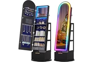 Dystler Arched Jewelry Cabinet with RGB Full-Length Mirror, 360° Swivel Standing Jewelry Armoire with Shelves & Drawer, Lockable Jewelry Organizers and Storage with Remote Control, Black