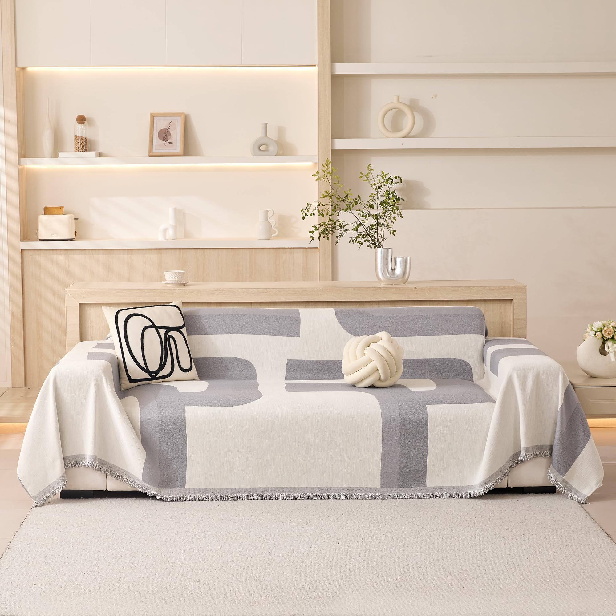 MEETSKY Couch Cover for 2 Cushion Couch, Sectional Sofa Covers for Dogs Washable Chenille Boho Patterned Couch Protector for Pets, 71" x 102", Grey Geometry