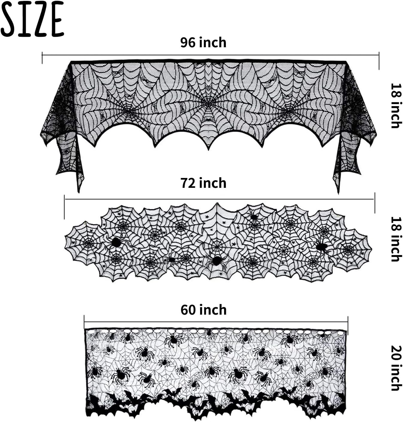 Beeager 5 Pack Halloween Spider Decorations Sets -Halloween Fireplace Mantel Scarf & Round Table Cover & Lace Table Runner & Cobweb Lampshade & 60 pcs Scary 3D Bat for Halloween Party Decors: Furniture & Decor