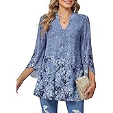 BAISHENGGT Women's Dressy Tops 3/4 Bell Sleeve Elegant V Neck Double Layers Mesh Blouses Tunic Tops