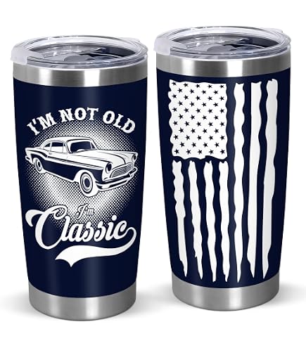 Funny Birthday Gift Tumbler For Men – 'I'm Not Old, I'm Classic' 20oz Navy Blue Travel Mug With Lid & Straw