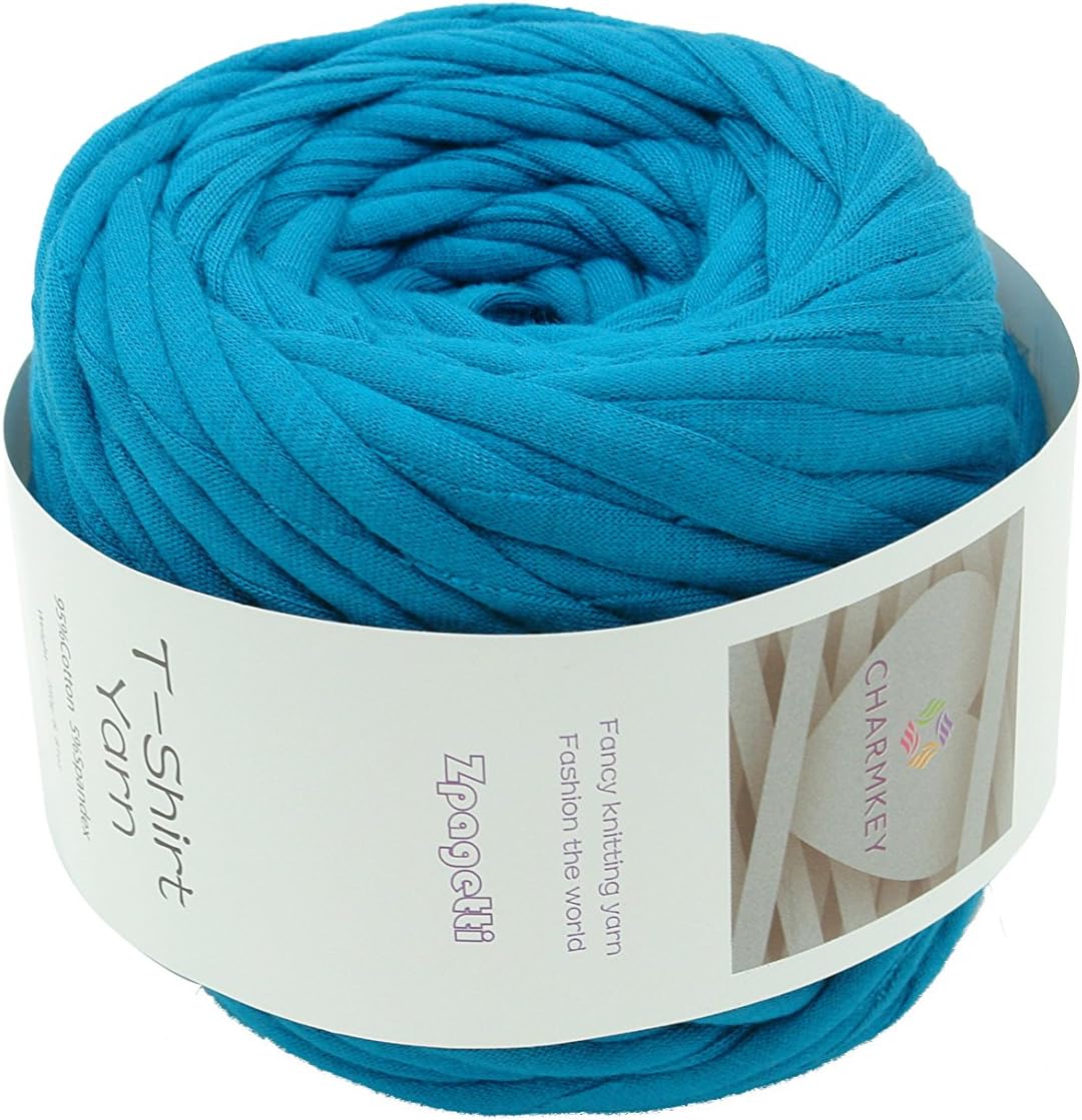 Charmkey Zpagetti T Shirt Yarn Strong Recycled Cotton Blend Ribbon 6 Super Chunky Elastic Knitting Cloth Fabric for Bag Cushion and DIY Crocheting Projects, 1 Skein, 8.82 Ounce (Ultramarine Green)