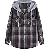 Derbars Womens Flannel Hoodie Shirts Long Sleeve Plaid Jacket Casual Cotton Button Down Shirt for Women