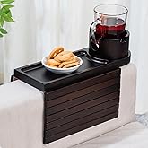Couch Cup Holder for Armrests Over 4.9" Wide, Bamboo Couch Arm Tray with 360° Rotating Phone Stand, 3 in 1 Foldable Sofa Arm Tray Table for Remote, Snacks, Phone, Drinks Walnut