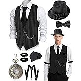 HaBaeBae 1920s Mens Costume, Roaring 20s Costumes for Men, Fedora Hats for Men 1920S Mens Outfit with Hat, Vest,Pocket Watch