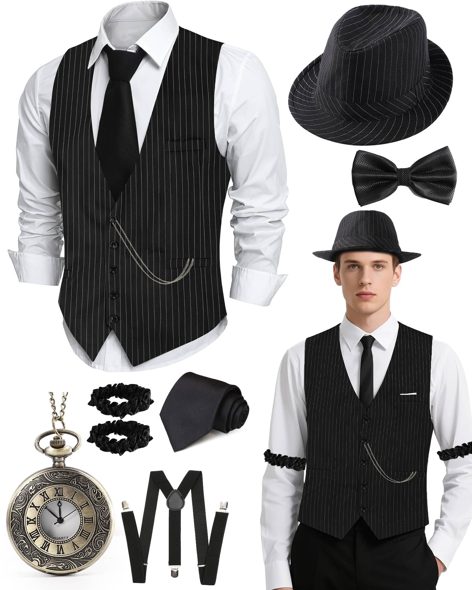 Photo 1 of HaBaeBae 1920s Mens Costume, Roaring 20s Costumes for Men, Fedora Hats for Men 1920S Mens Outfit with Hat, Vest,Pocket Watch, Tie, Armband, Bow Tie, Suspenders