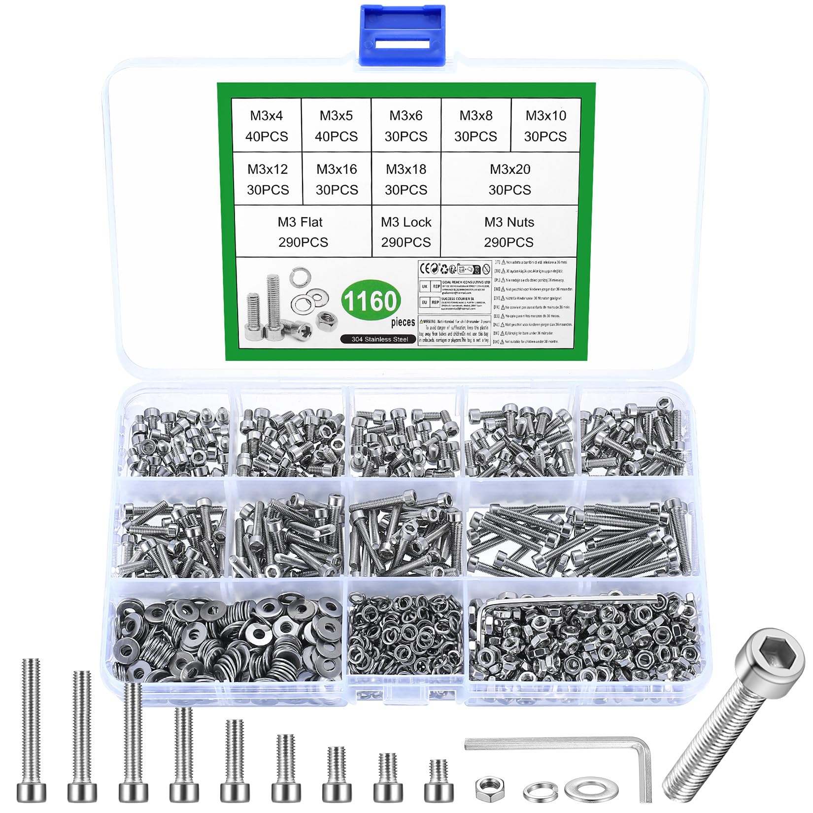 1160 Pcs M3 Nuts and Bolts Set, Hex Socket Head Cap Screws Bolts and Nuts Set, Stainless Steel Machine Screws Bolts Set, Assorted Nuts and Bolts with Lock & Flat Washers Assortment for DIY Repair — image 1