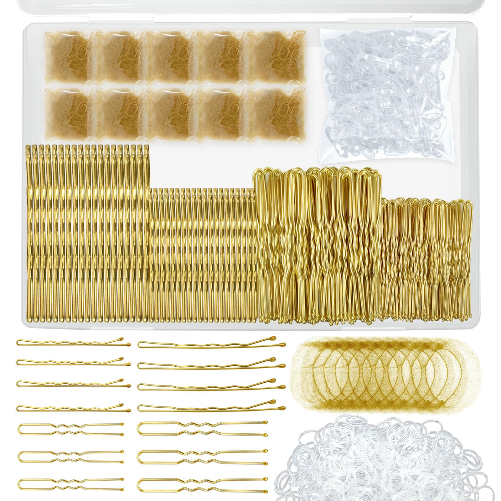 Photo 1 of YINGFENG 510PCS Blonde Bobby Pins Hair Pins Kit with Hair Net, Includes 100 Bobby Pins for Women, 100 U Shaped Buns Hair Clips, 300 Hair Bands and 10 Blonde Hair Nets, Dance Competition Must Haves