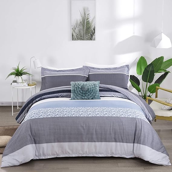 3 Pieces Stripe Duvet Cover Set Queen Size Grey Blue Pattern Reversible