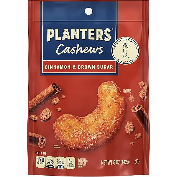 PLANTERS CASHEWS CINNAMON & BROWN SUGAR, PARTY SNACKS, 5 OZ BAG