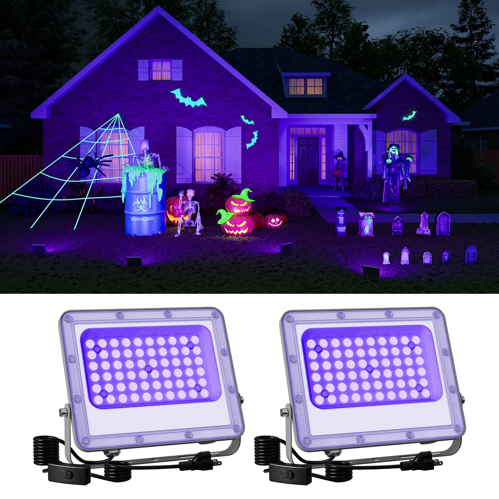 Photo 1 of 2 Pack 50W Halloween Blacklight Flood Lights Wired 120V IP66 Waterproof UV Led Black Light Use to Outdoor or Indoor for Landscape Decoration, Skeleton, Spider Web, Ghost, Tombstone, Body Paint, Party
