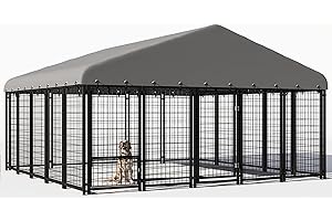 SWEECCI 120"x118" Dog Kennel Outside, Large Outdoor Dog Kennel with Feeding Door and Double Lock, Heavy-Duty Weatherproof Dog Cage and Dog Fence with Roof, House Outdoor for Large Dogs, Easy Assembly