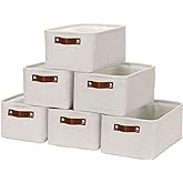 HNZIGE Fabric Storage Baskets for Organizing Small Storage Baskets for Shelf,6 Pack Shelf Baskets for Storage with Leather Handles, Foldable Baskets for Organizing Clothes(Cream 11.8" x 7.8" x 5.1")