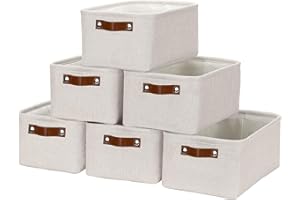 HNZIGE Fabric Storage Baskets for Organizing Small Storage Baskets for Shelf,6 Pack Shelf Baskets for Storage with Leather Handles, Foldable Baskets for Organizing Clothes(Cream 11.8" x 7.8" x 5.1")