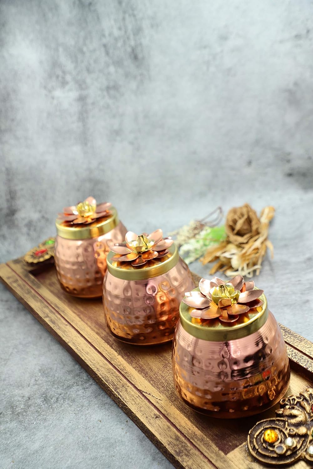 GiftingBestWishes Copper Dry Fruit Jar Set and Acrylic Tray (Set of 3