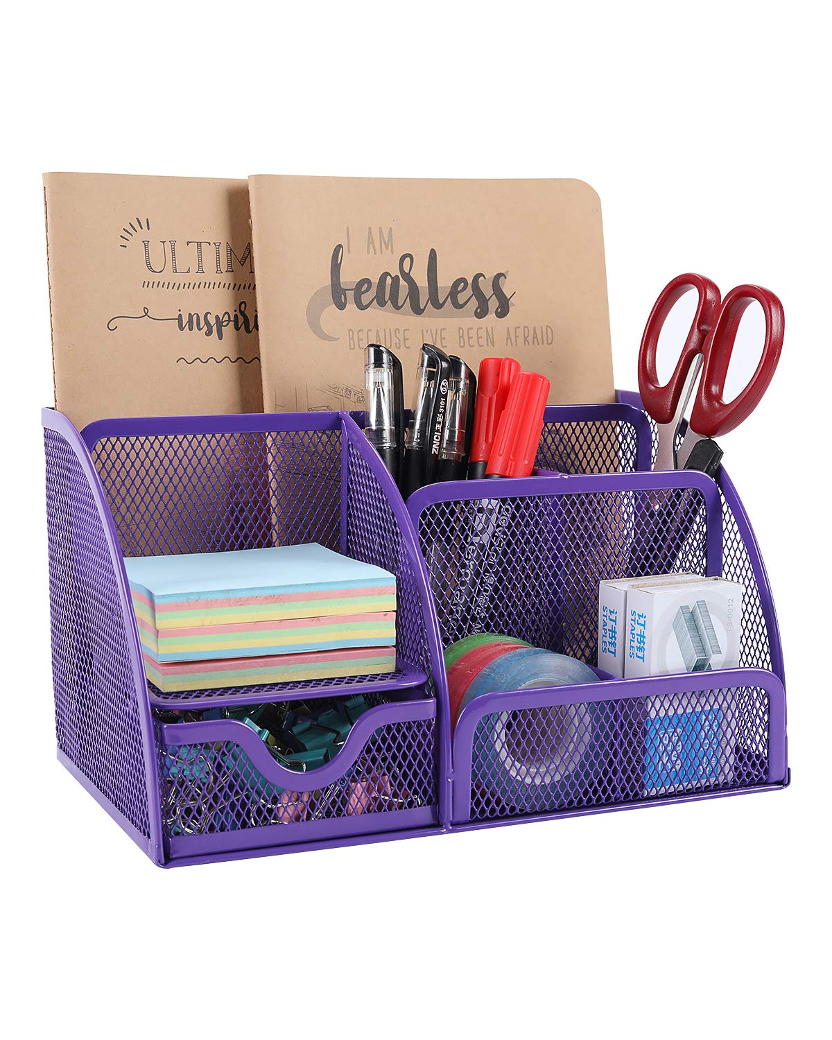 EasyPAG Office Mesh Desk Tidy Versatile Stationery Storage Desktop Organiser Pen Holder with Drawer,Purple