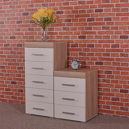 Drp Trading White Sonoma Oak 5 Drawer Tall Boy Chest 3 Draw