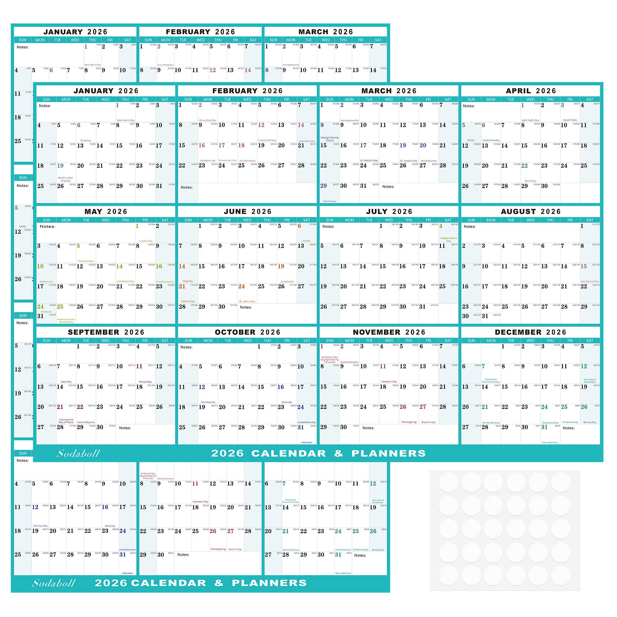 Photo 1 of 32" x 48" 2026 Wall Calendar, Folded Wet & Dry Erase Wall Calendar 12 Month, Annual Yearly Planner Yearly Laminated Calendar 2026 Horizontal/Vertical, with Julian Dates