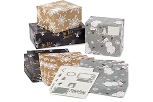 Hallmark Christmas Flat Wrapping Paper Sheets with Cutlines on Reverse (12 Folded Sheets with Sticker Gift Tags) Metallic Gold, Sage Green, Black, Rustic Snowmen, Snowflakes, Tis the Season