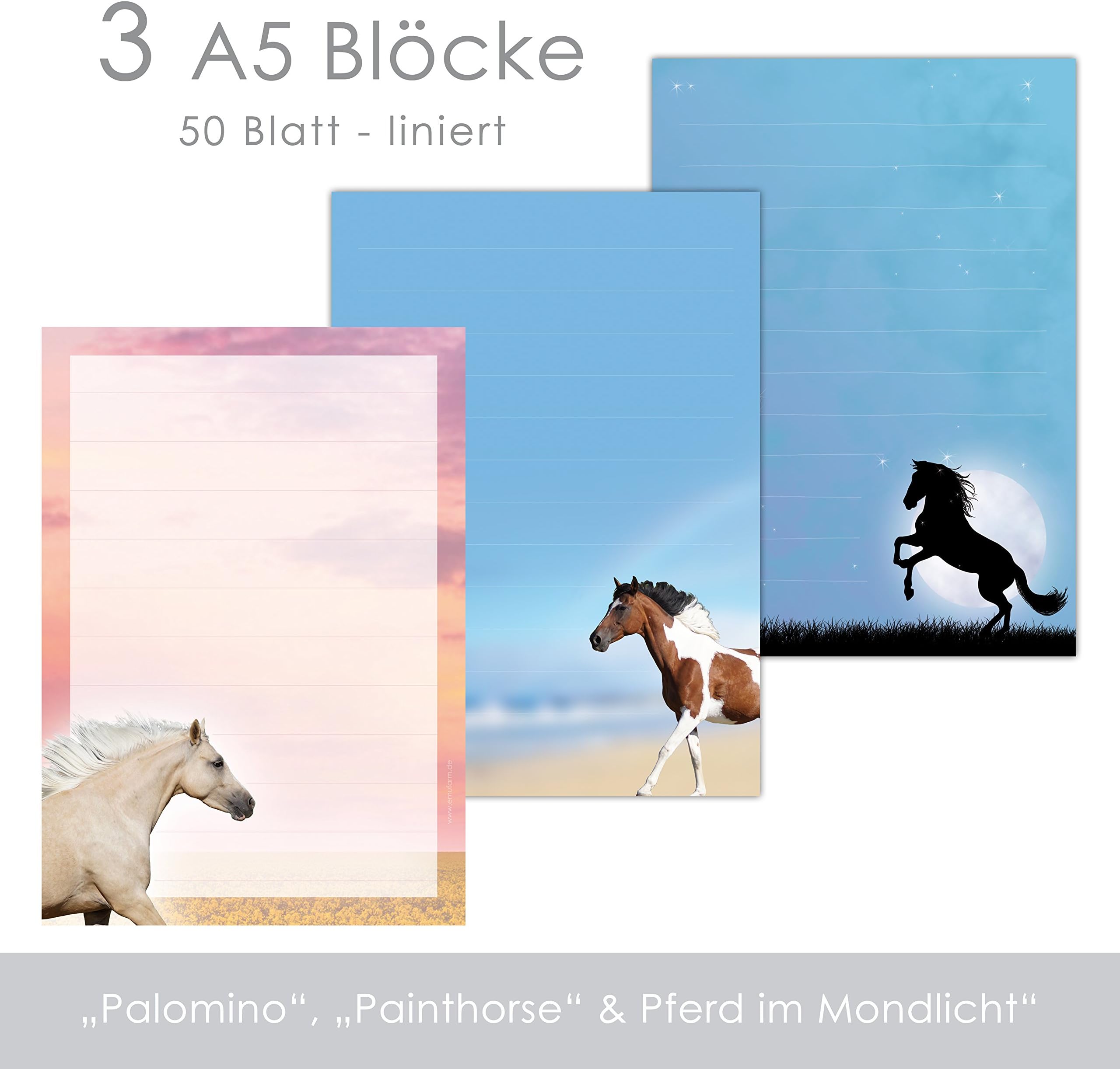 3 x writing pad with horses, painthorse, palomino, horse in the moonlight, DIN A5, 50 sheets with lines - ideal for horse lovers