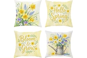 Daffodil Throw Pillow Covers Set of 4, Spring Floral Pansy Snowdrop Spring Yellow with Hidden Zipper Decorative Pillow Cases 
