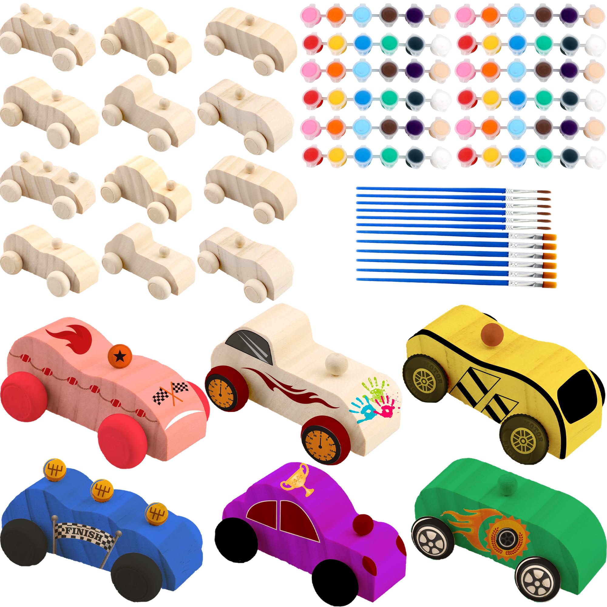 Feradny 42 Pcs Unfinished Wooden Cars Art Craft Include 18 Wood Car Crafts Painting Wood DIY Car Toys with 24 Painting Tools for Kids School Wood Crafts DIY Back to School Favors