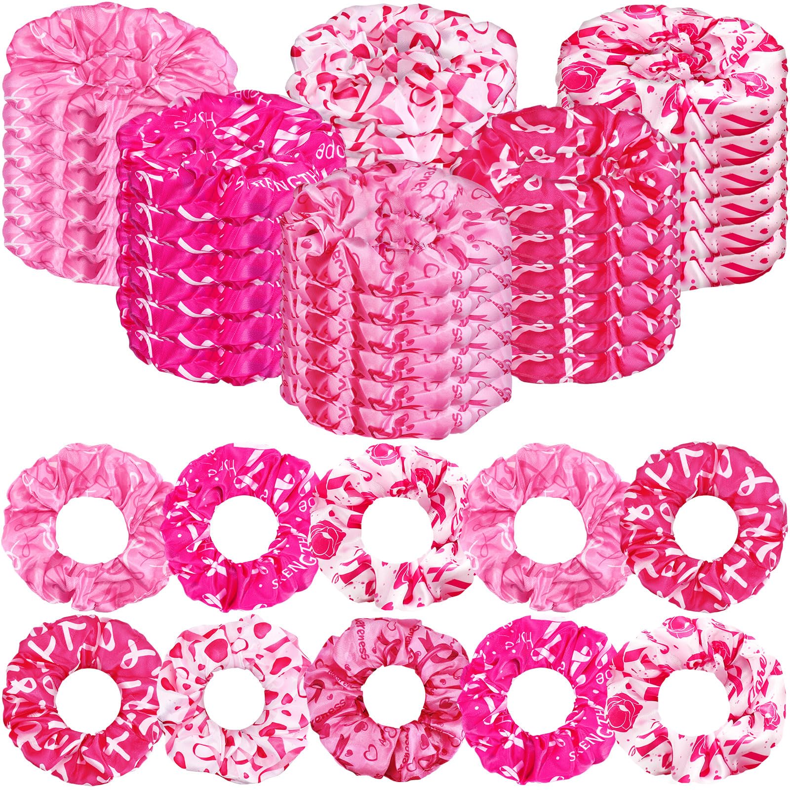 Photo 1 of Tigeen 60PCS Breast Cancer Awareness Scrunchies Pink Ribbon Hair Ties Accessories Silk Hair Bands Scrunchies Textured Ponytail Holder for Woman(Vivid)