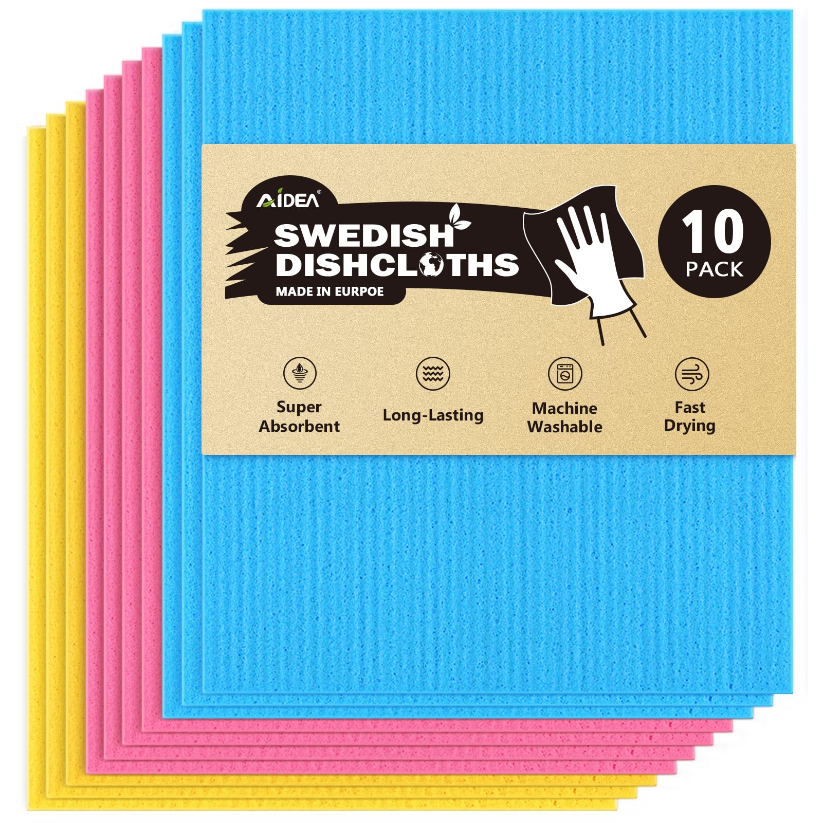 AIDEA Swedish Dish Cloth, 10PK, Swedish Dishcloths for Kitchen, Reusable Paper Towels Washable, Sponge Cloths Kitchen, Absorbent Dish Rags, Dish Towels Cloth, 7