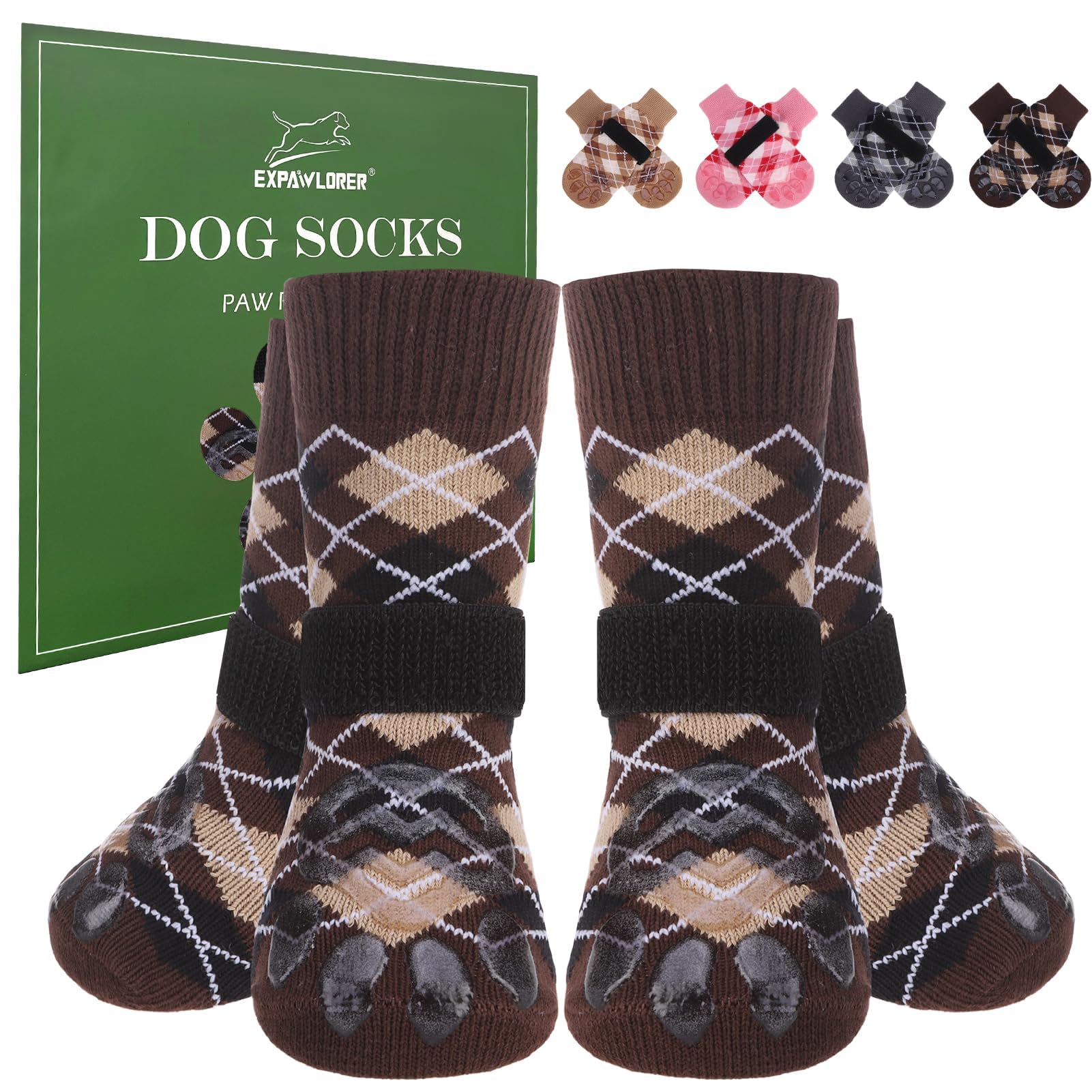 Photo 1 of EXPAWLORER Dog Socks to Prevent Licking Paws,Dog Shoes for Hot Pavement,4 Pcs Double Sided Anti Slip Dog Socks with Grippers,Dog Booties for Small Medium Large Senior Dogs,British Style,Brown XL