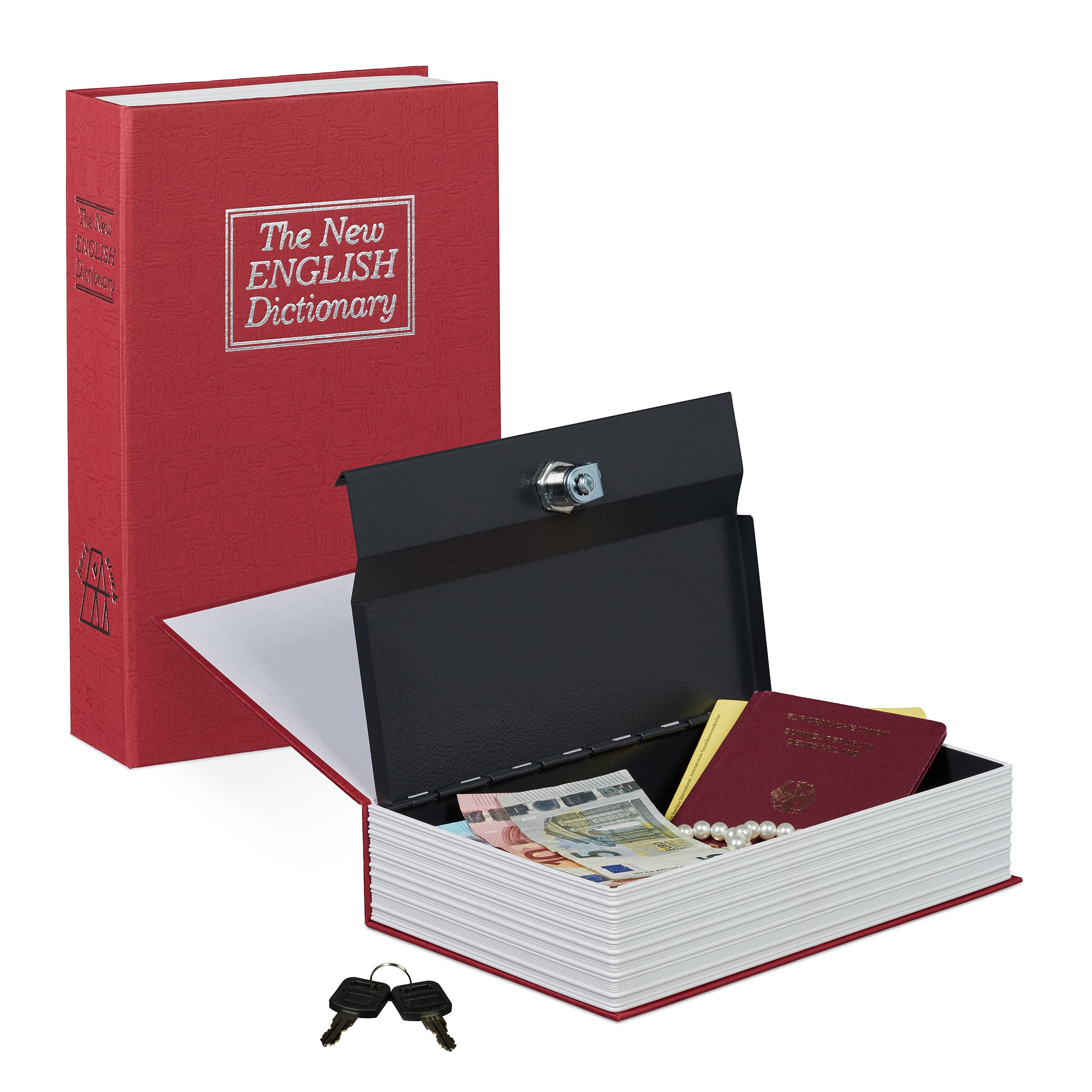 Relaxdays Book Safe, Steel Locking Compartment in Book Shape, with 2 Keys, HxWxD: 24 x 15.5 x 5.5, Red