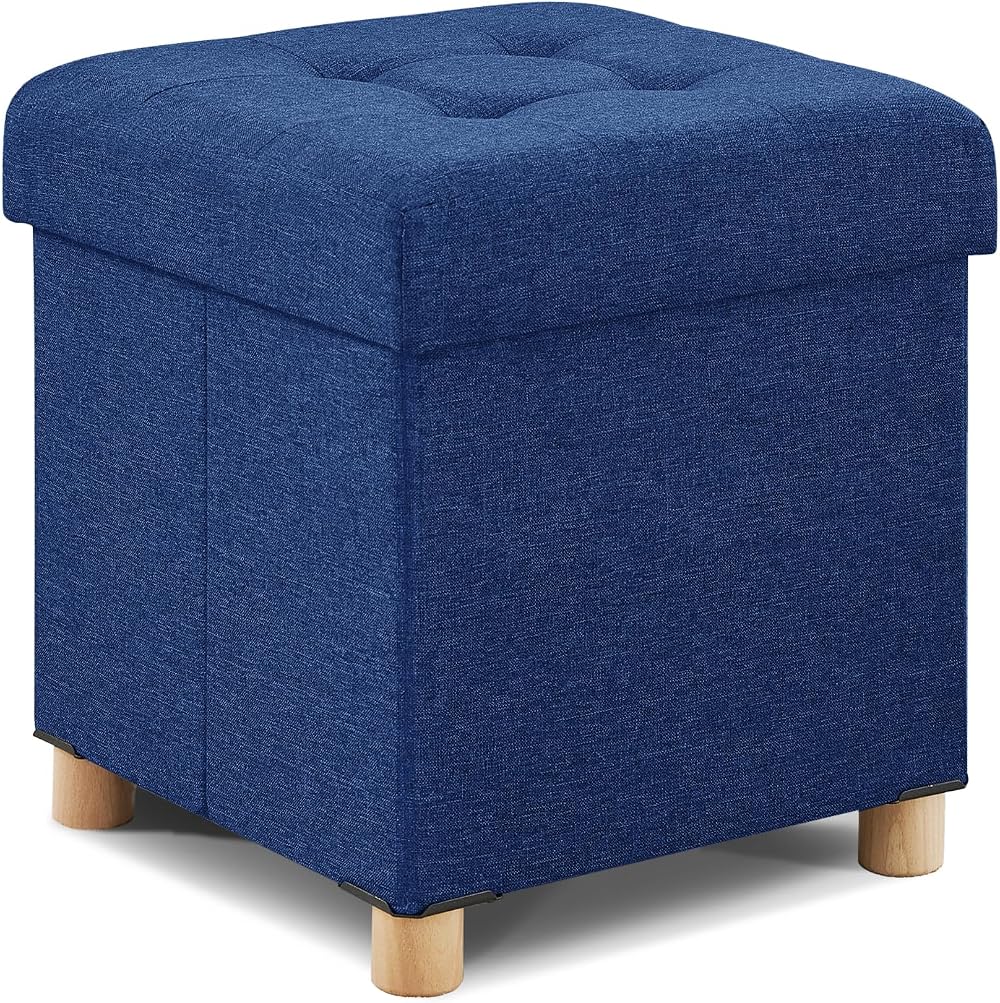 BRIAN & DANY Folding Ottoman Storage Box with Wood Legs Navy 38cm