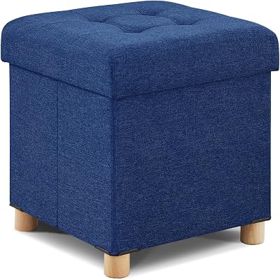 BRIAN & DANY Folding Ottoman Storage Box with Wood Legs Navy 38cm