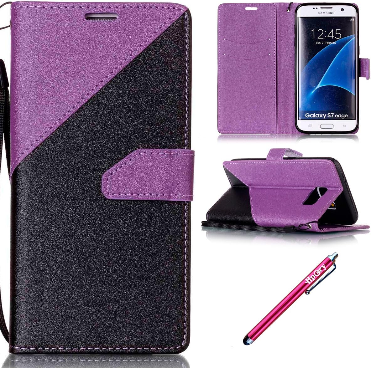 Samsung Galaxy S7 edge Leather Case,Hpory Scrub Black And White Pattern Book Style Flip Support PU Leather Walllet Case with Credit Card Holder Silicone Bumber Case for Samsung Galaxy S7 edge + 1 x Hpory Stylus