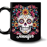 Foxcorner Personalized Sugar Skull Mug - Floral Skull Gifts for Women - Idea Gothic Gift for Birthday Mother's Day - Day of The Dead Gifts Custom Name 11oz 15oz Black Ceramic Coffee Tea Cup