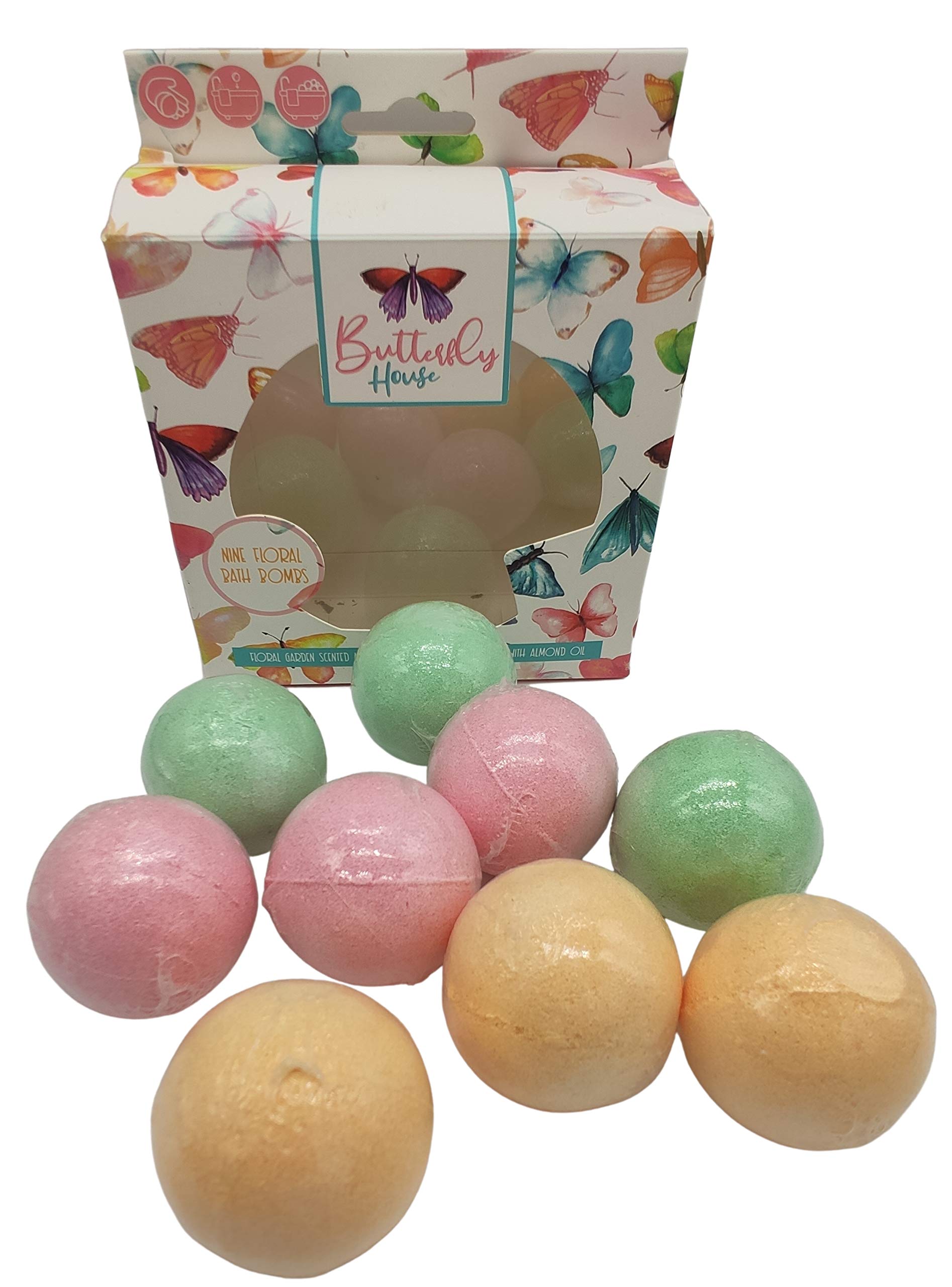 Set of 9 Small Bath Bombs - Floral Scented - Infused with Almond Oil. 100% Vegan and Cruelty Free. Mothers Day Gift.
