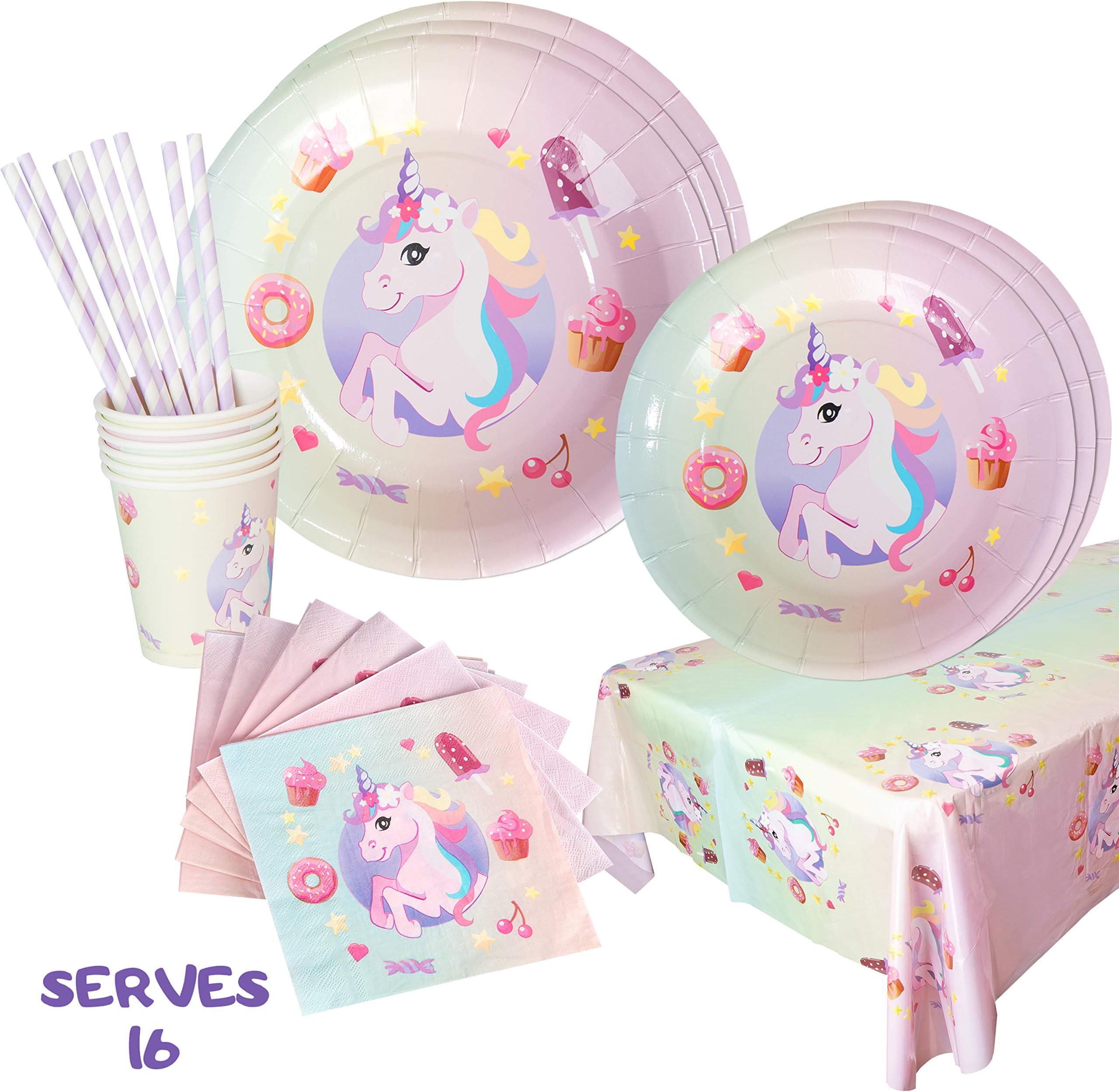 Unicorn Rainbow Party Dinnerware Supplies | Disposable Plates, Cups, Napkins Set - Serves 16