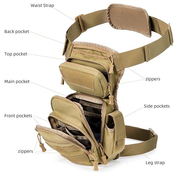 AMHEH 4.5L TACTICAL THIGH BAG – 1050D DROP LEG PACK WITH DETACHABLE LEG STRAP FOR MOTORCYCLE HIKING EVERYDAY CARRY, ADJUSTABLE WAISTS UP TO 59″ (TAN)