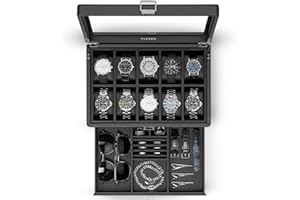 Vlando 10-Slot Watch Box, 2-Tier Watch Display Case, Lockable Watch Case with Glass Lid,Jewelry Box for Men,Black