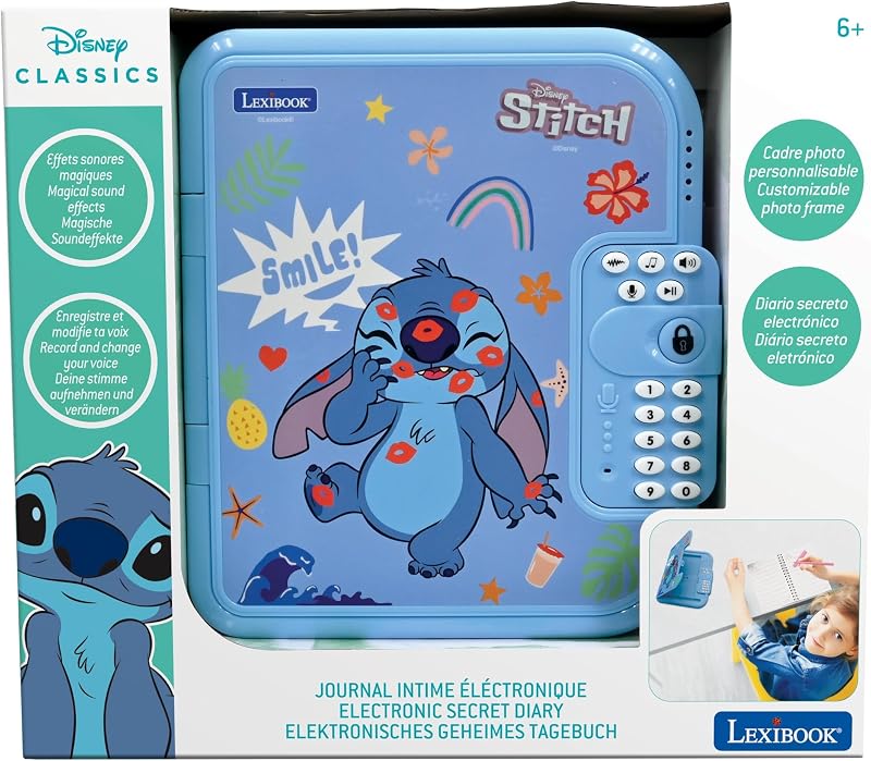 , Disney Stitch, diário eletrónico interativo com caneta e caderno incluídos, protegido por palavra-passe, funcionalidades divertidas e efeitos sonoros, azul, SD50D