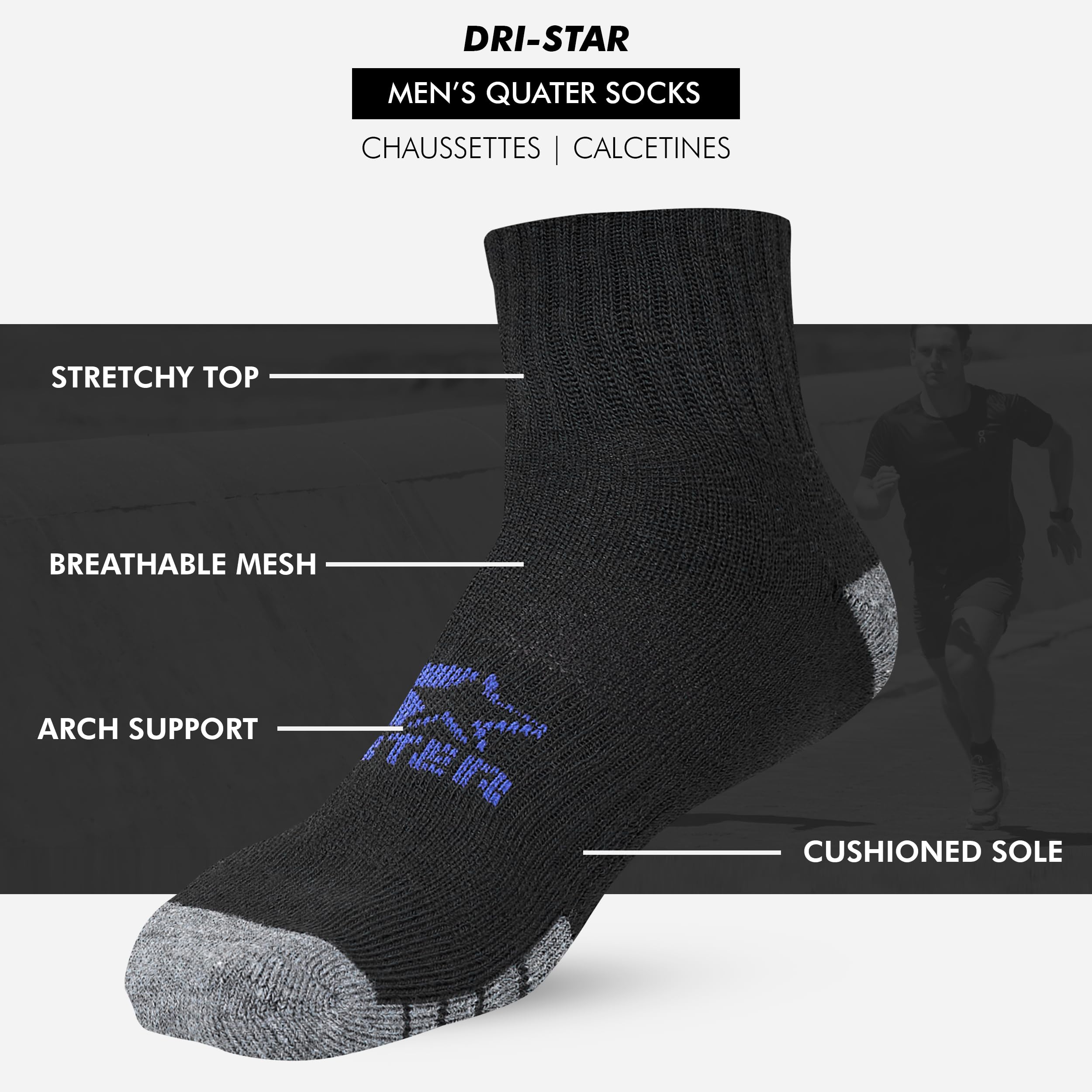 STARTER Men's 10 Pack Half Cushion Quarters Socks (Black/White/Grey, 6-12)