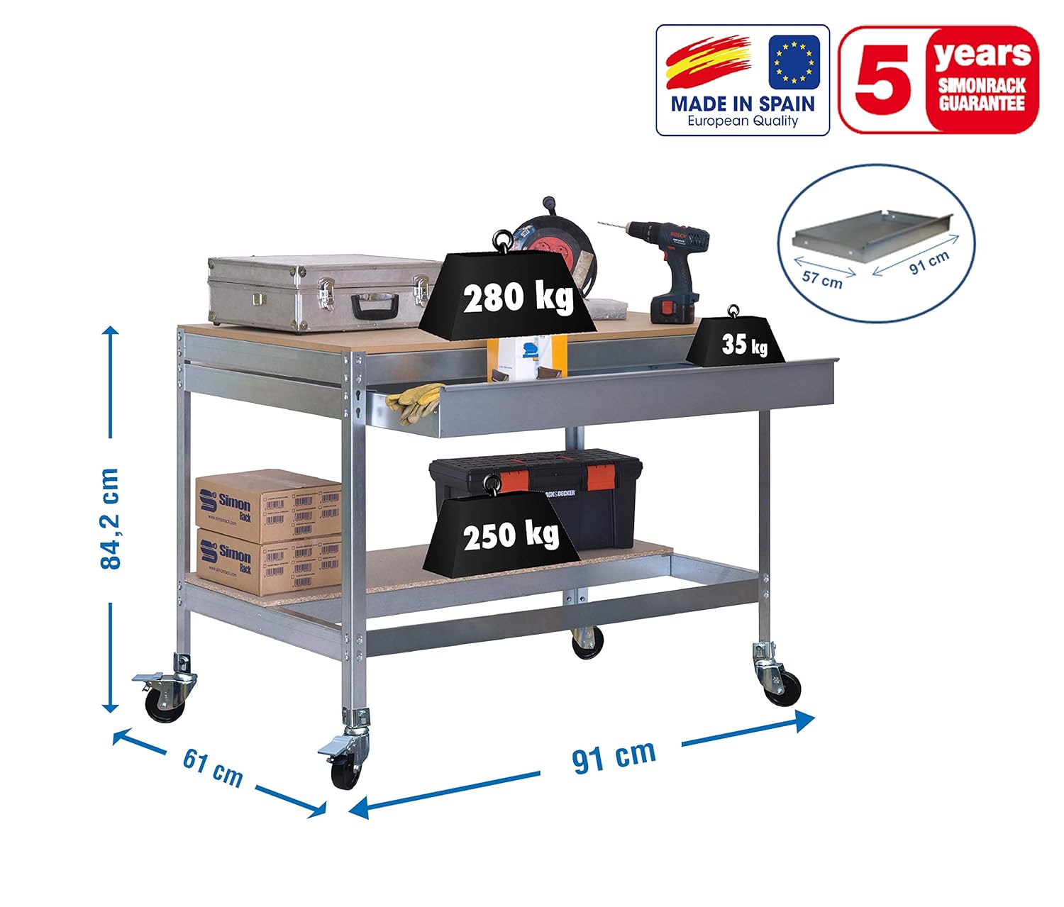 Banco de trabajo con ruedas y cajón BT0 Galva/Madera Simonrack