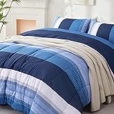 PERFEMET Full Comforter Set 3 Pieces Bedding Set All Seasons Masculine Striped Pattern Vintage Farmhouse Soft Cozy Bedroom for Elegant Men Teen Girls Boys Blue and White