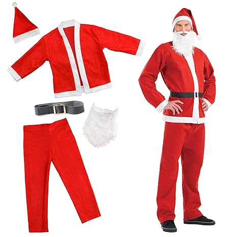 Weihnachtsmann-Kostüm – 4-teiliges Set mit Bart, Mütze, Hose und Mantel – Nikolauskostüm und Weihnachtsmantel Party Verkleidu