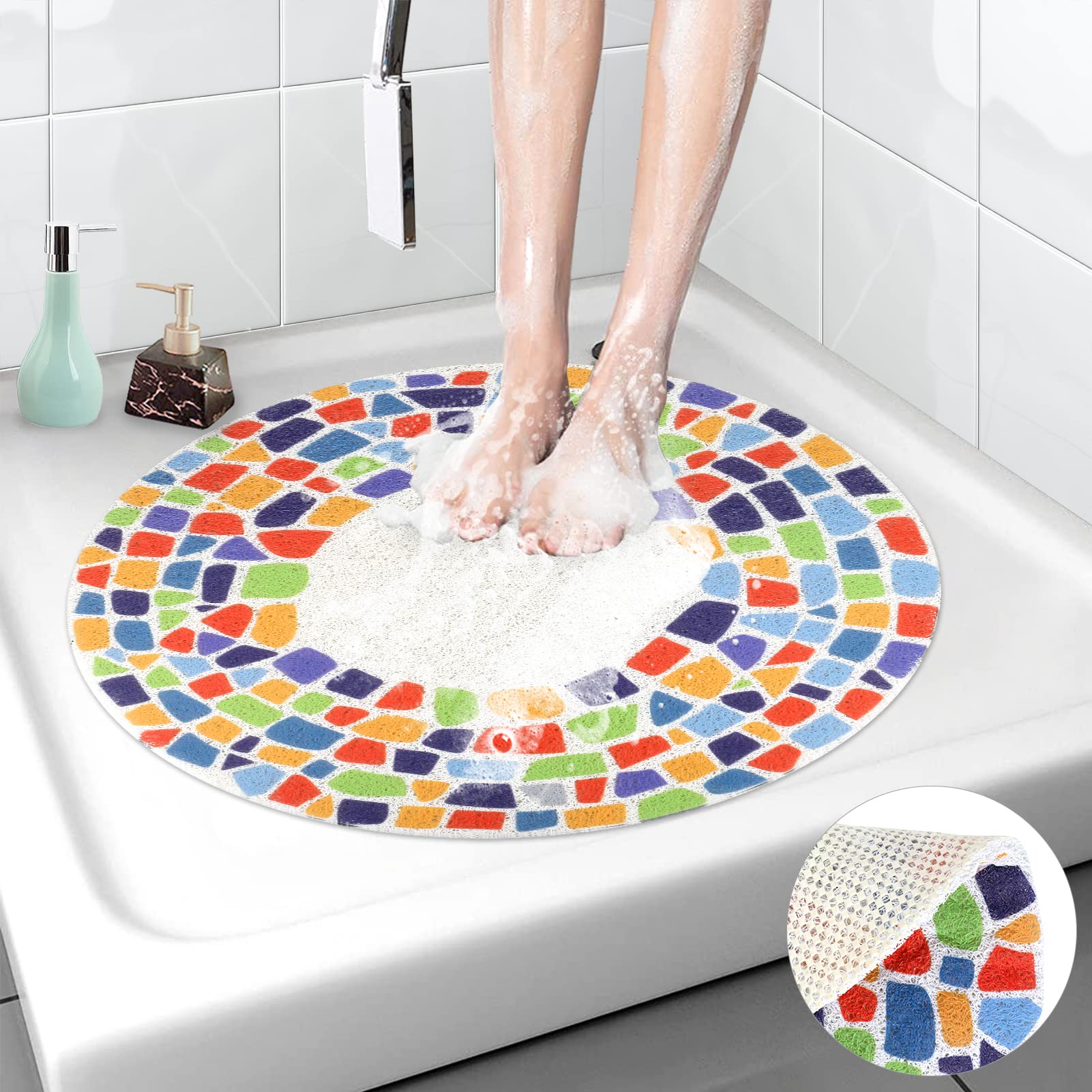 Shower Mat Non Slip, Round Shower Mats for Inside Shower 60cm, Bath Mat for Inside Bath Anti Mould, Soft Loofah Shower Massage Mat Bathroom Floor Mat with Anti-slip Grid Bottom, Quick Dry — image 1