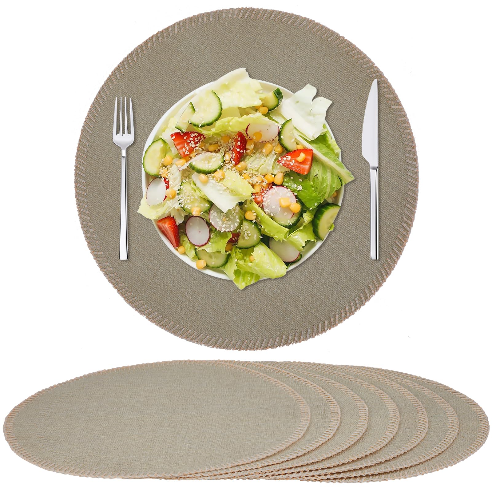 Rinpon Round Placemats Set of 8 - Machine Washable Linen-Like Cloth Place Mats & Heat-Resistant for Dining Table - Ideal for Family Meals, Daily Use, and Holiday Gatherings (Light Brown)