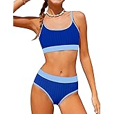 MIGU Girls Swimsuit Color-Block Adjustable Straps Girls Bathing Suit Bikini Sets with Chest Pad 2 Piece Swimwear 9-16T