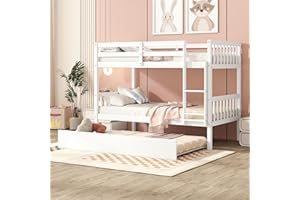 Bellemave Twin Over Twin Bunk Bed with Trundle,Convertible Bunk Beds with Ladder & Safety Guardrails,Twin Size Bunk Beds for Kids Girls Boys,White